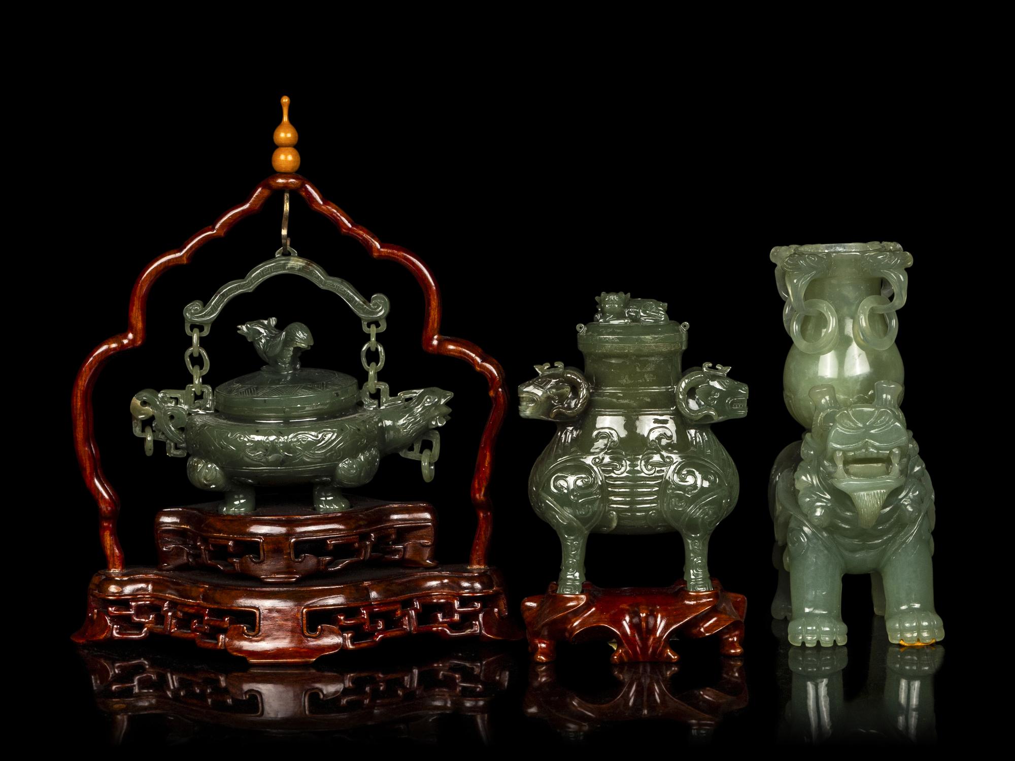 Three Chinese Serpentine Incense Burners