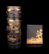 Two Japanese Black Lacquered and Gilt Decorated Articles