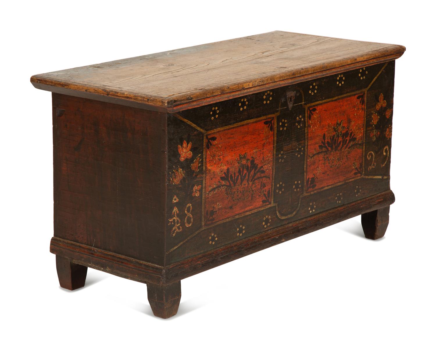 A German Painted Oak Wedding Chest with Floral Decoration