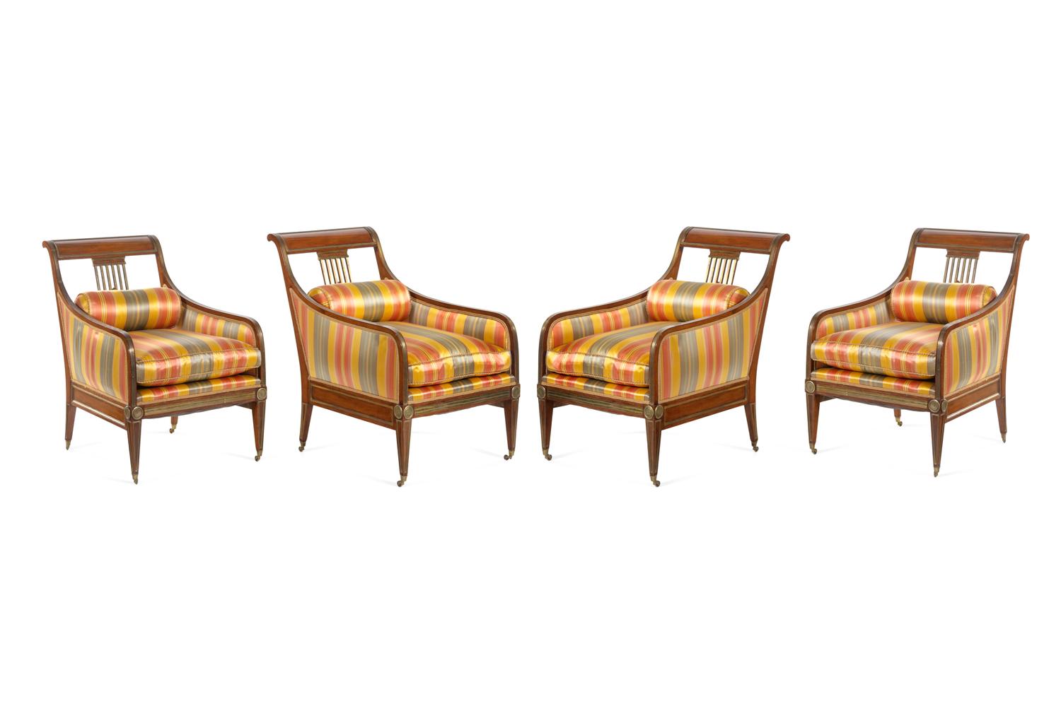 A Set of Four Russian Empire Brass Mounted Mahogany Armchairs