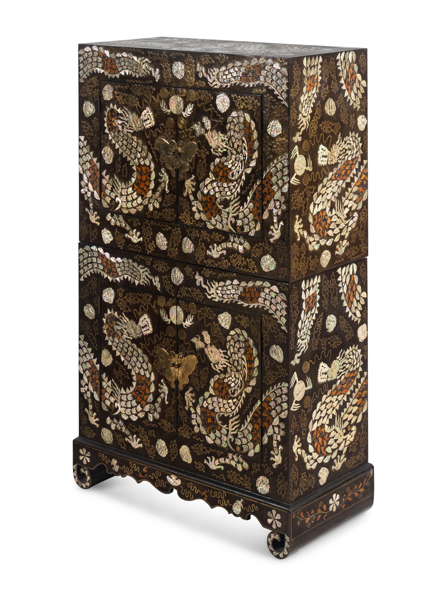 A Fine Pair of Korean Two-Tiered Mother-of-Pearl, Shagreen, and Wire Inlaid Cabinets