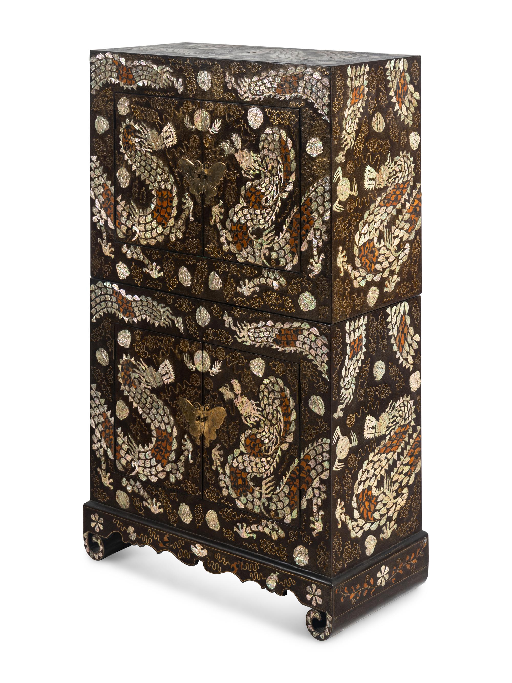 A Fine Pair of Korean Two-Tiered Mother-of-Pearl, Shagreen, and Wire Inlaid Cabinets