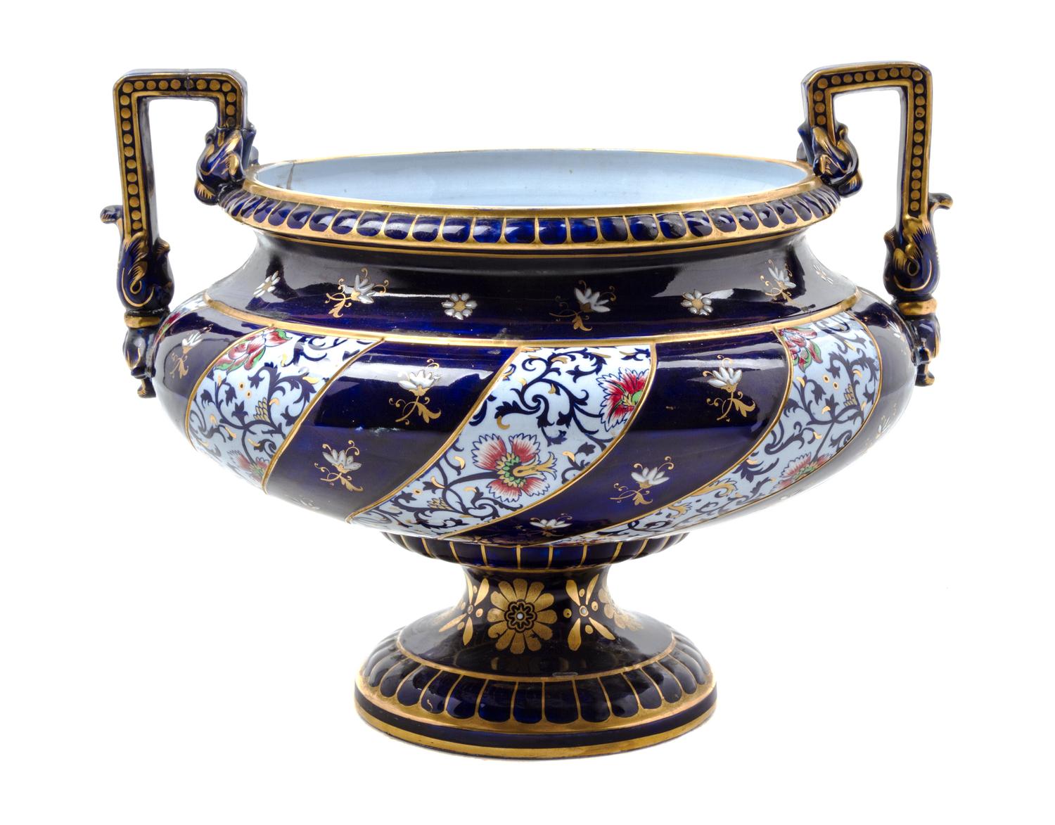 A Sarreguemines Ceramic Urn Height 11 3/4 x width over handles 14 3/4 inches.