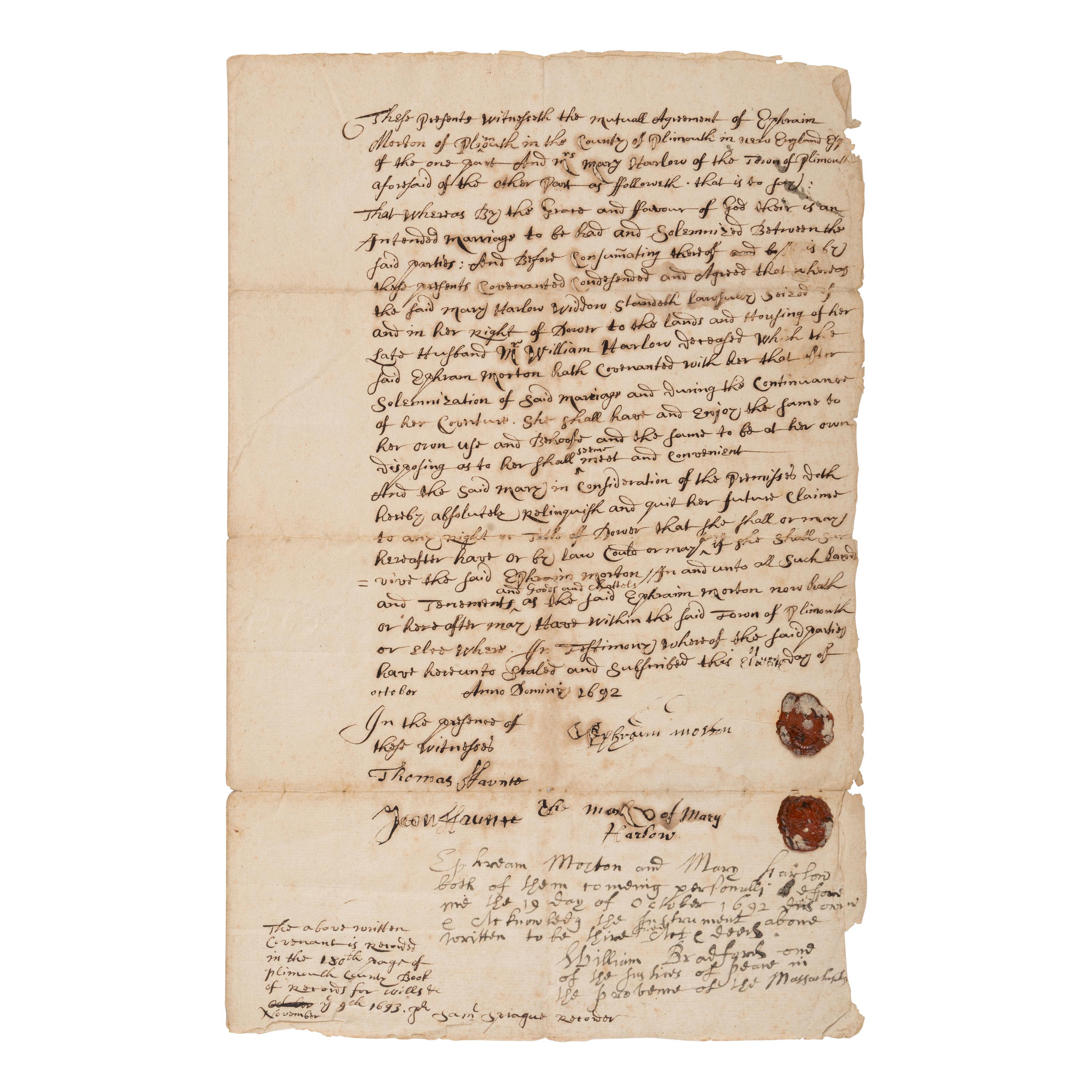 [Plymouth Colony]. Manuscript document, Plymouth, MA, 11 October 1692.
