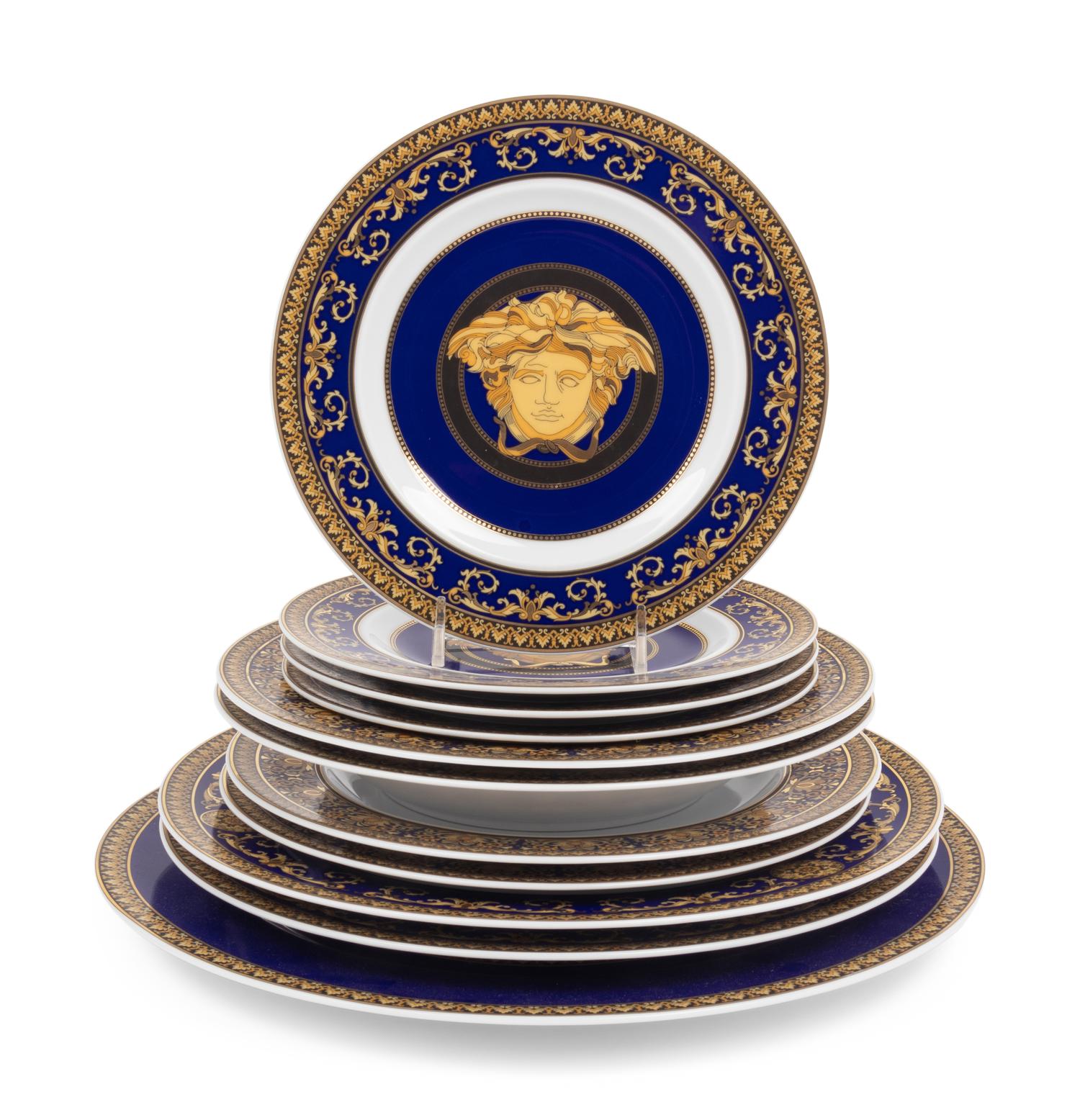 A Group of Versace Medusa Blue Porcelain Table Articles