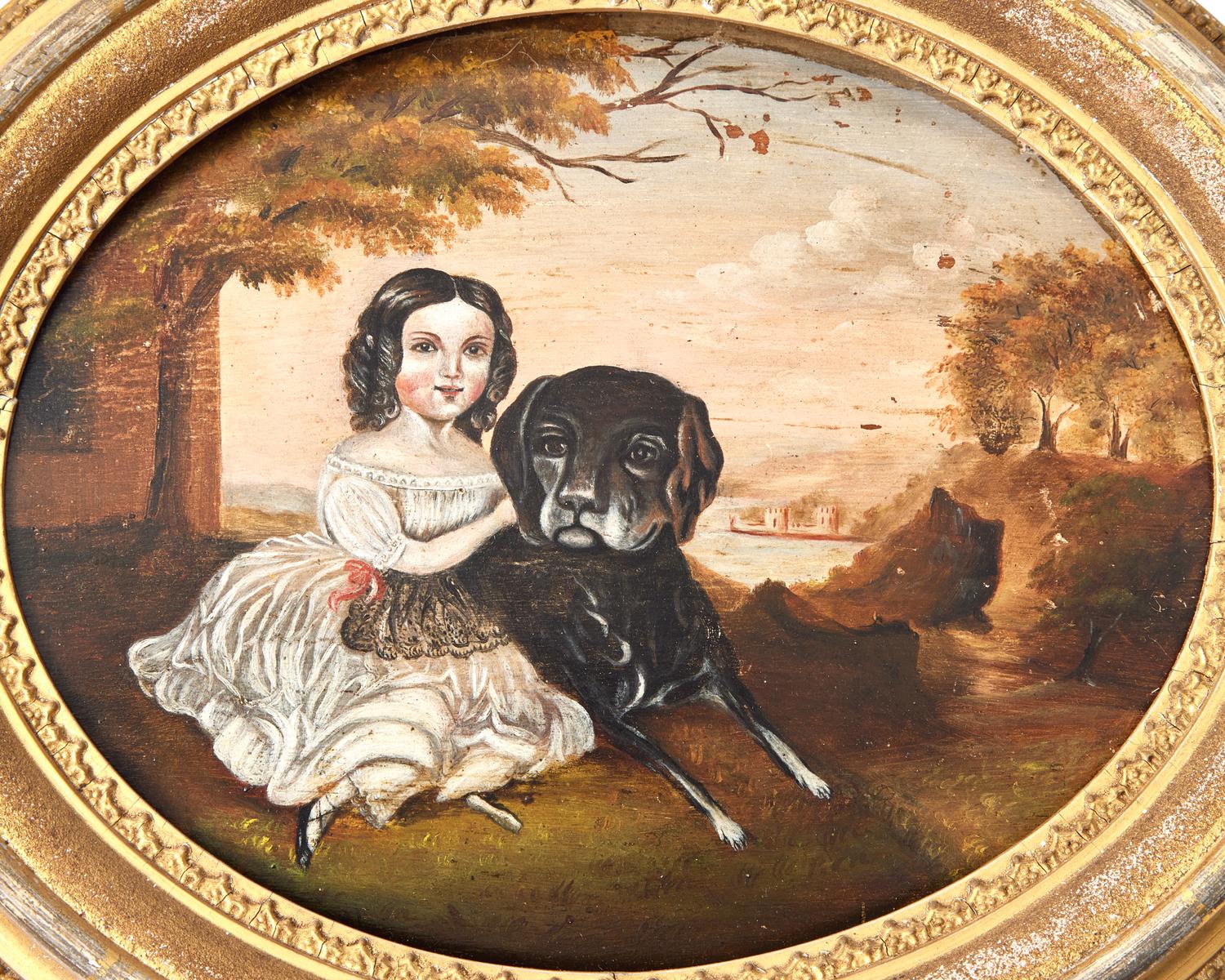 American School 19th Century, A Portrait Of A Young Girl With Dog