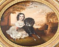 American School 19th Century, A Portrait Of A Young Girl With Dog