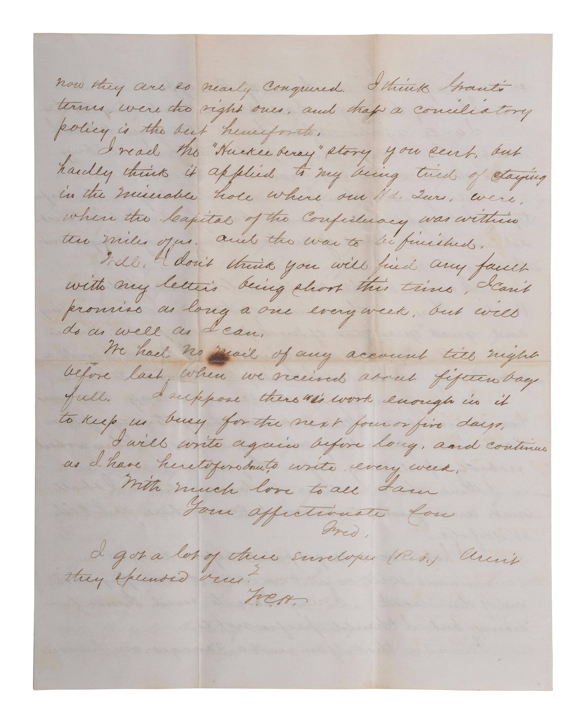 [CIVIL WAR]. Union soldier's letter written on captured Confederate stationery by Frederick C. Hale, Company F, 118th New York Infantry, with Confederate bonds. Richmond, 16 April 1865.