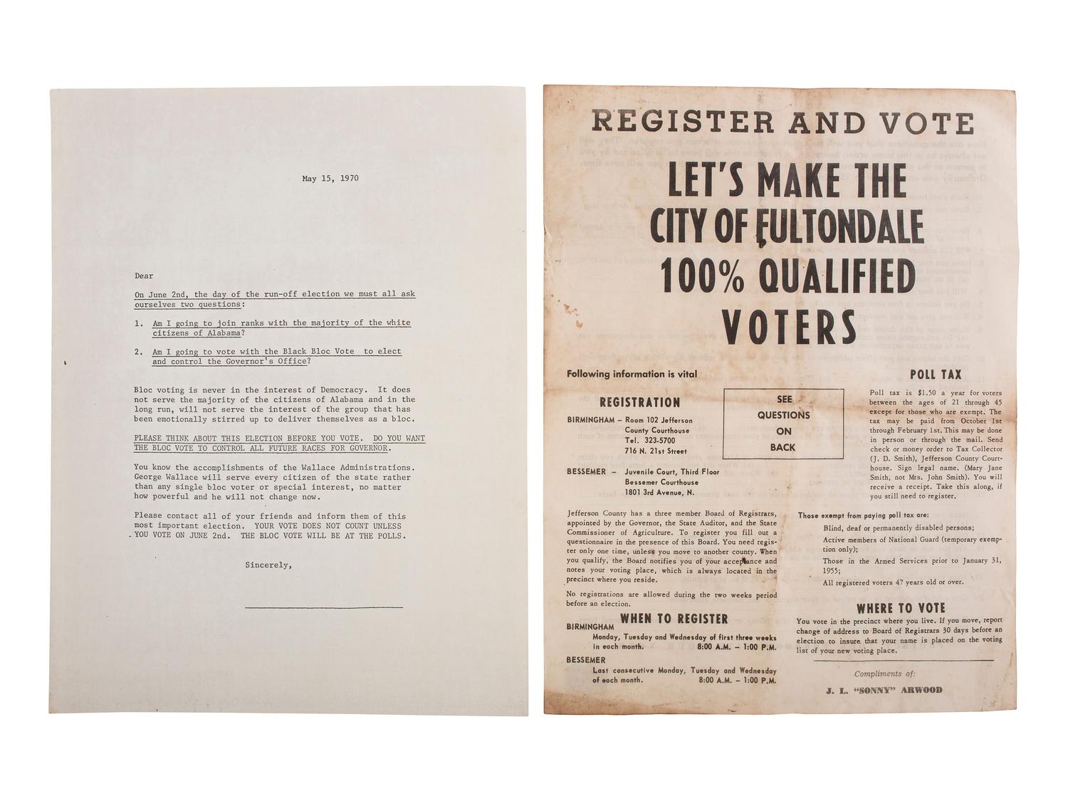[AFRICAN AMERICANA] -- [POLITICS - CIVIL RIGHTS]. A group of over 15 mid-20th century documents highlighted by Alabama "Black Bloc Vote" fliers.