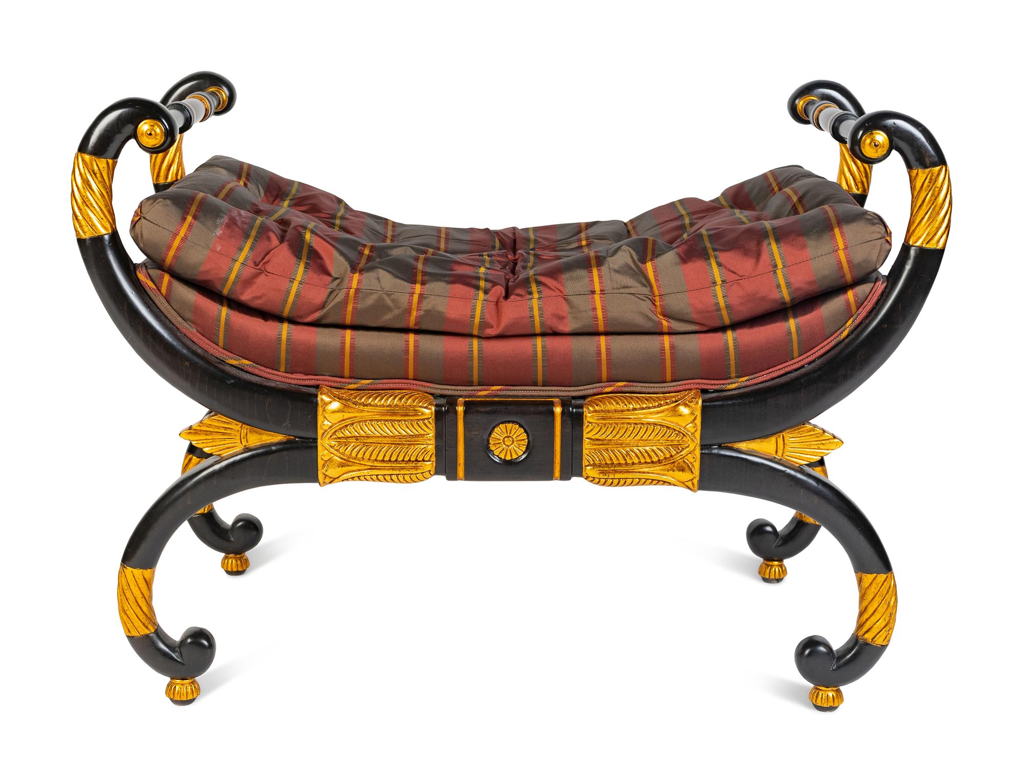 A Baker Regency Style Painted and Parcel Gilt Curule Bench