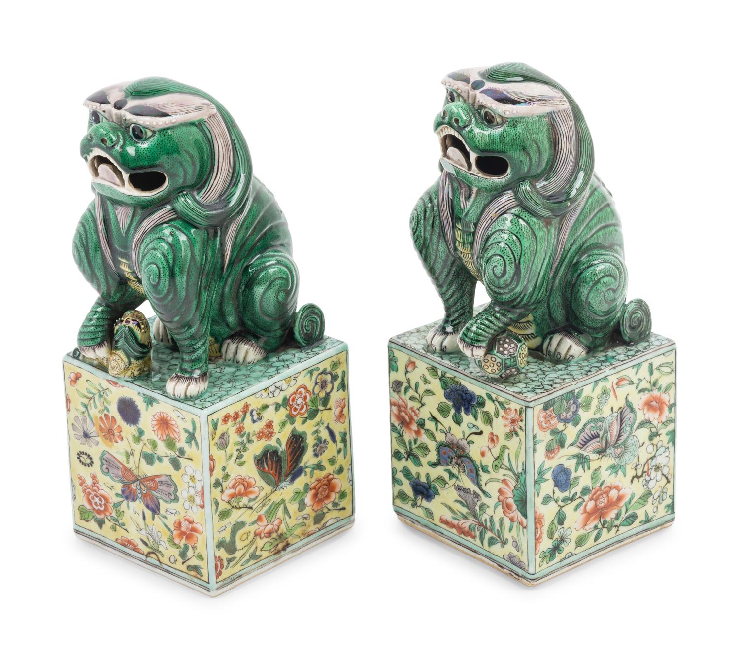 A Pair of Famille Verte Porcelain Figures of Fu Lions