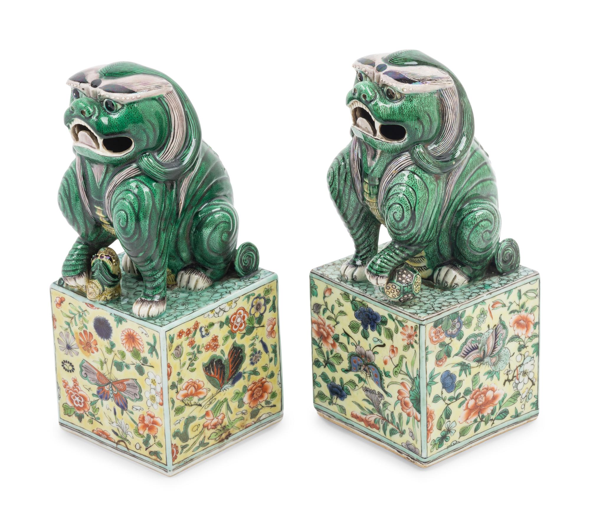 A Pair of Famille Verte Porcelain Figures of Fu Lions