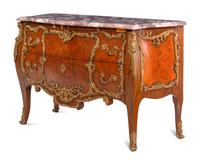 A Louis XV Style Gilt Bronze Mounted Marquetry Marble-Top Commode