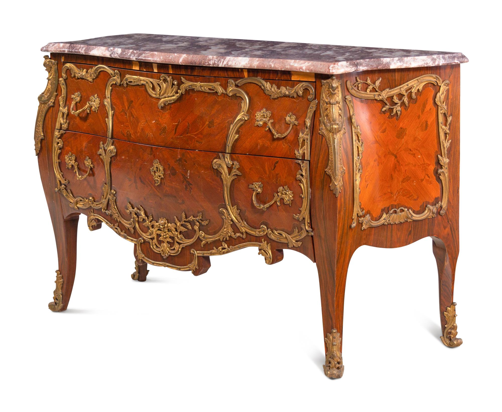 A Louis XV Style Gilt Bronze Mounted Marquetry Marble-Top Commode