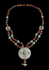 A Celadon Jade, Jadeite and Hardstone Beaded Necklace Length 18 1/4 inches.