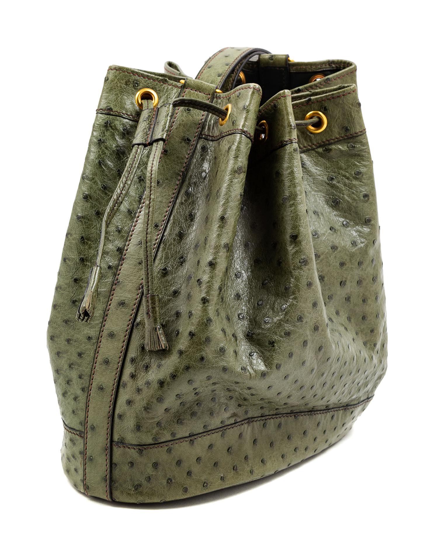 An Hermès Green Ostrich Vintage Bucket Bag, 11" H x 10.5" W x 4.5" D; Strap drop: 8.5".