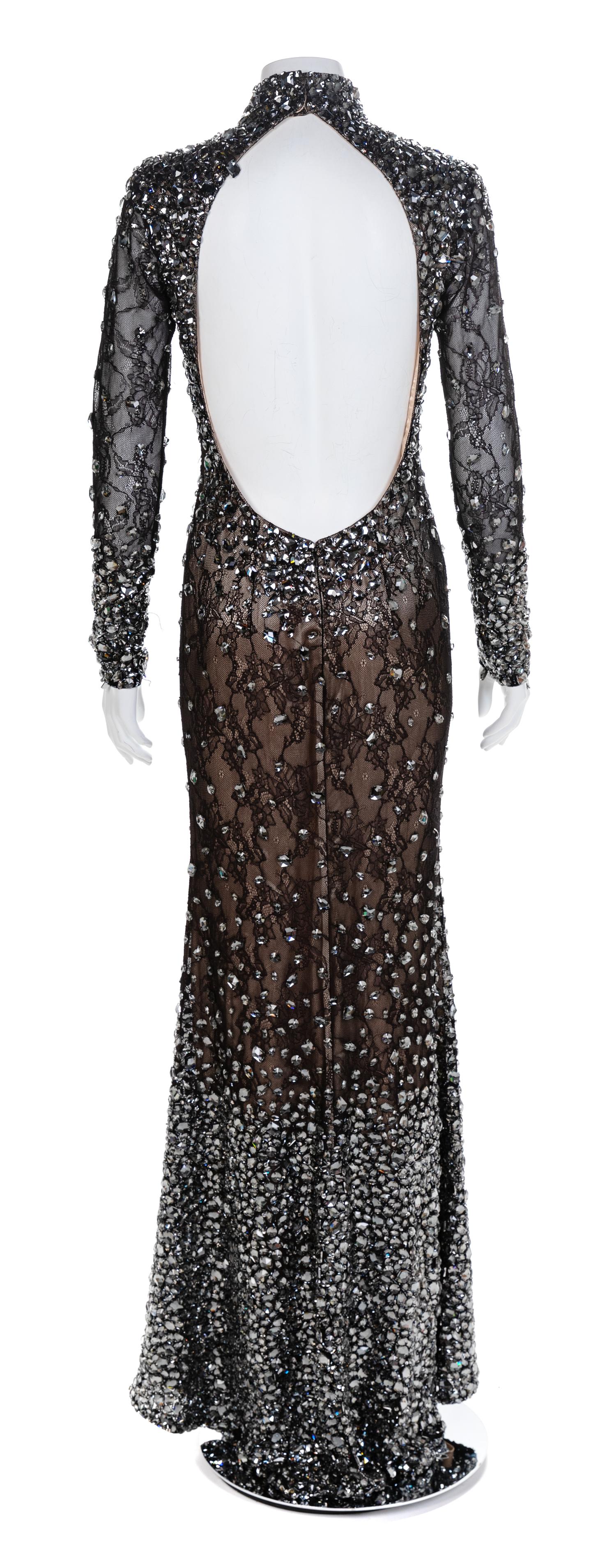 Jovani Couture Black Sheer Lace Beaded Illusion Halter Gown, 1990-2000s No size label