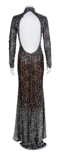 Jovani Couture Black Sheer Lace Beaded Illusion Halter Gown, 1990-2000s No size label