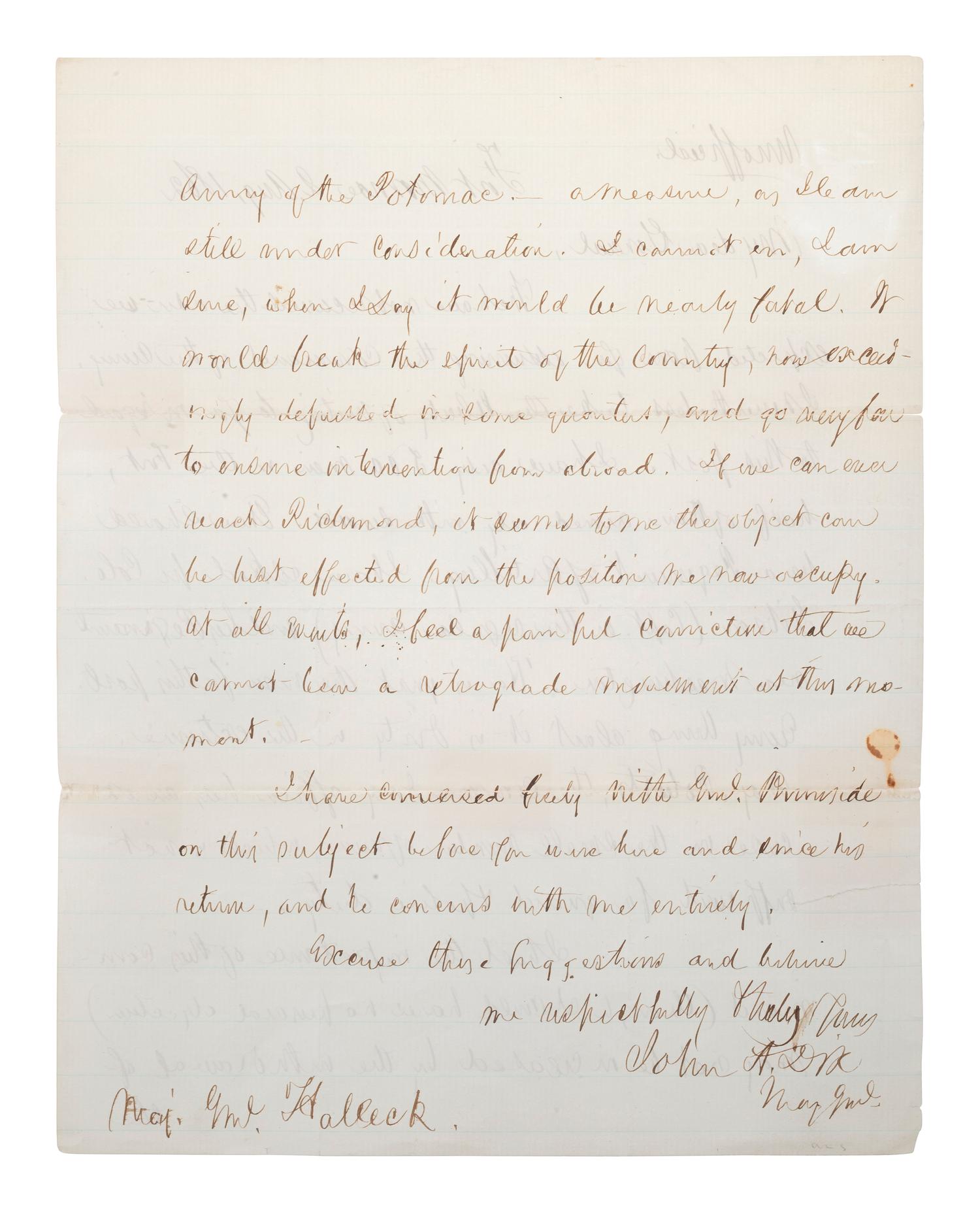 [CIVIL WAR]. DIX, John A. (1798-1879). Autograph letter signed ("John A. Dix"), to Major General Halleck. Fort Monroe, 2 August 1862.