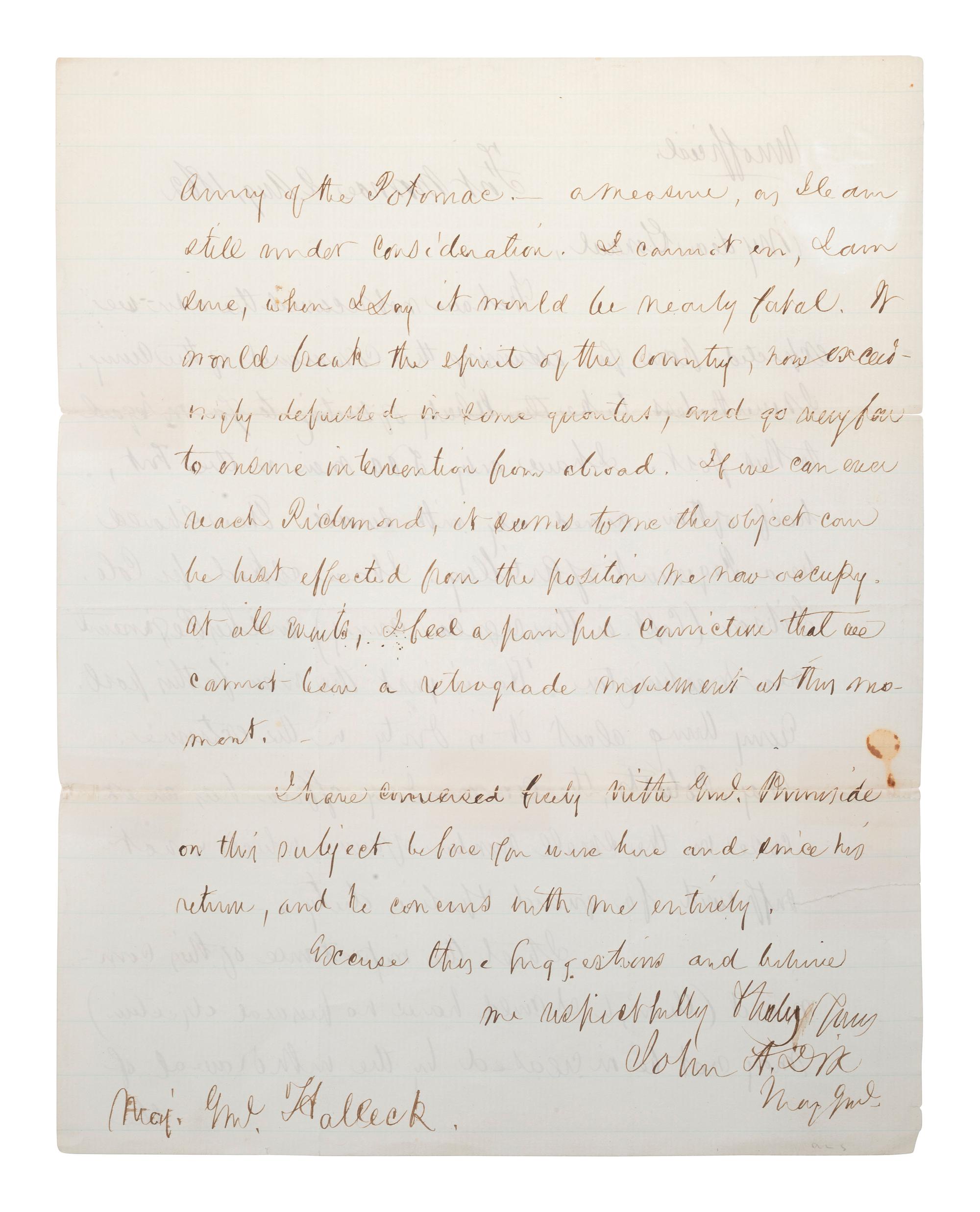 [CIVIL WAR]. DIX, John A. (1798-1879). Autograph letter signed ("John A. Dix"), to Major General Halleck. Fort Monroe, 2 August 1862.