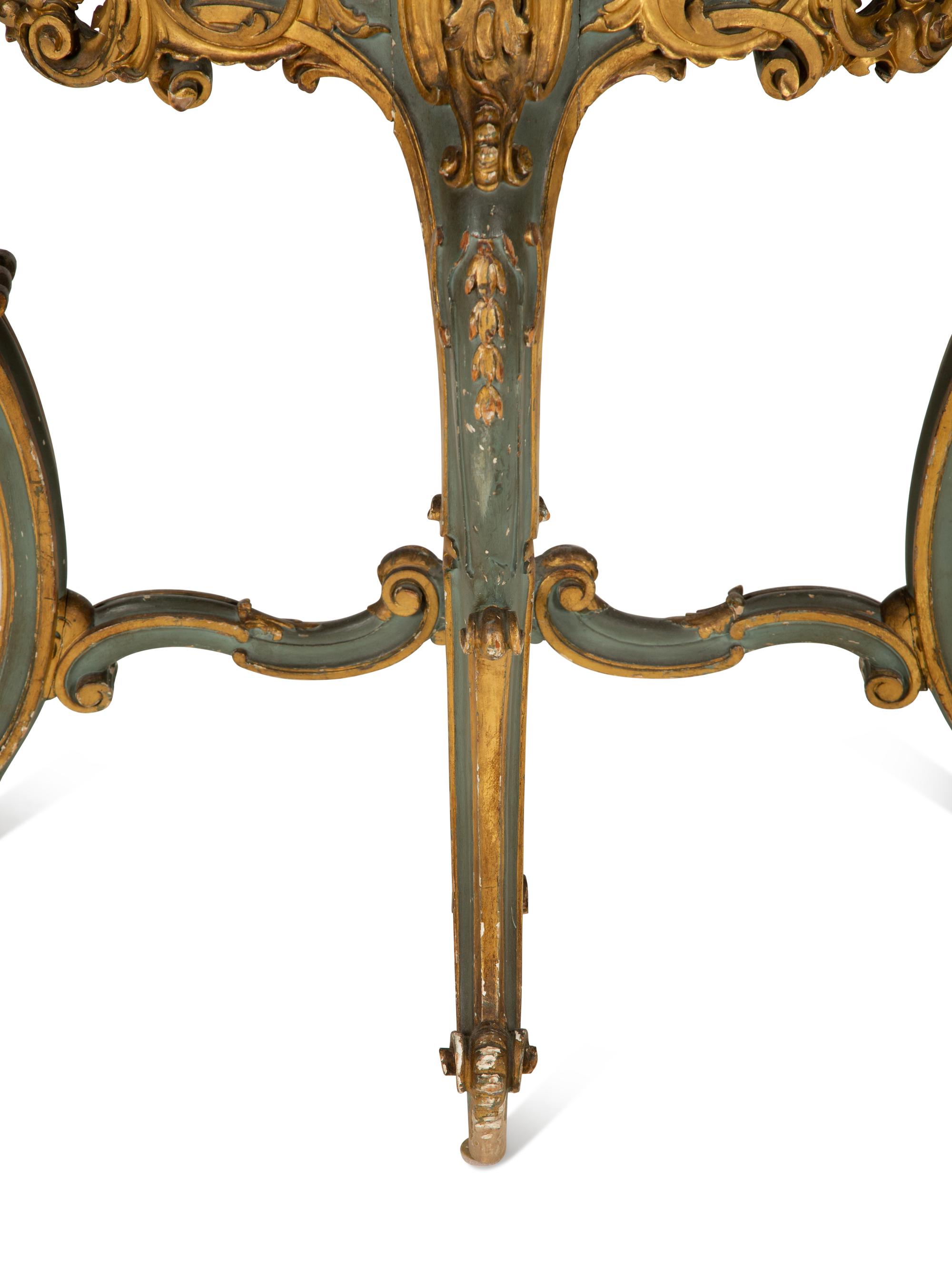 An Italian Rococo Style Painted and Parcel Gilt Marble-Top Table