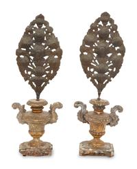 A Pair of Italian Carved Giltwood Urns Inset with Tole Floral Sprays