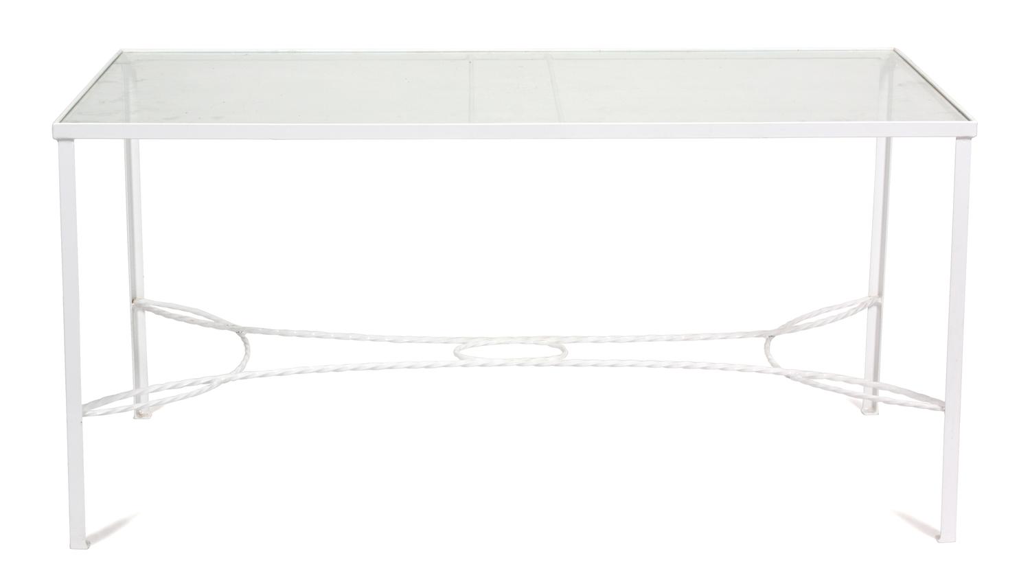 A Group of White Painted Iron Garden Furniture Dining table height 29 x length 60 x width 32 inches. — 20TH CENTURY