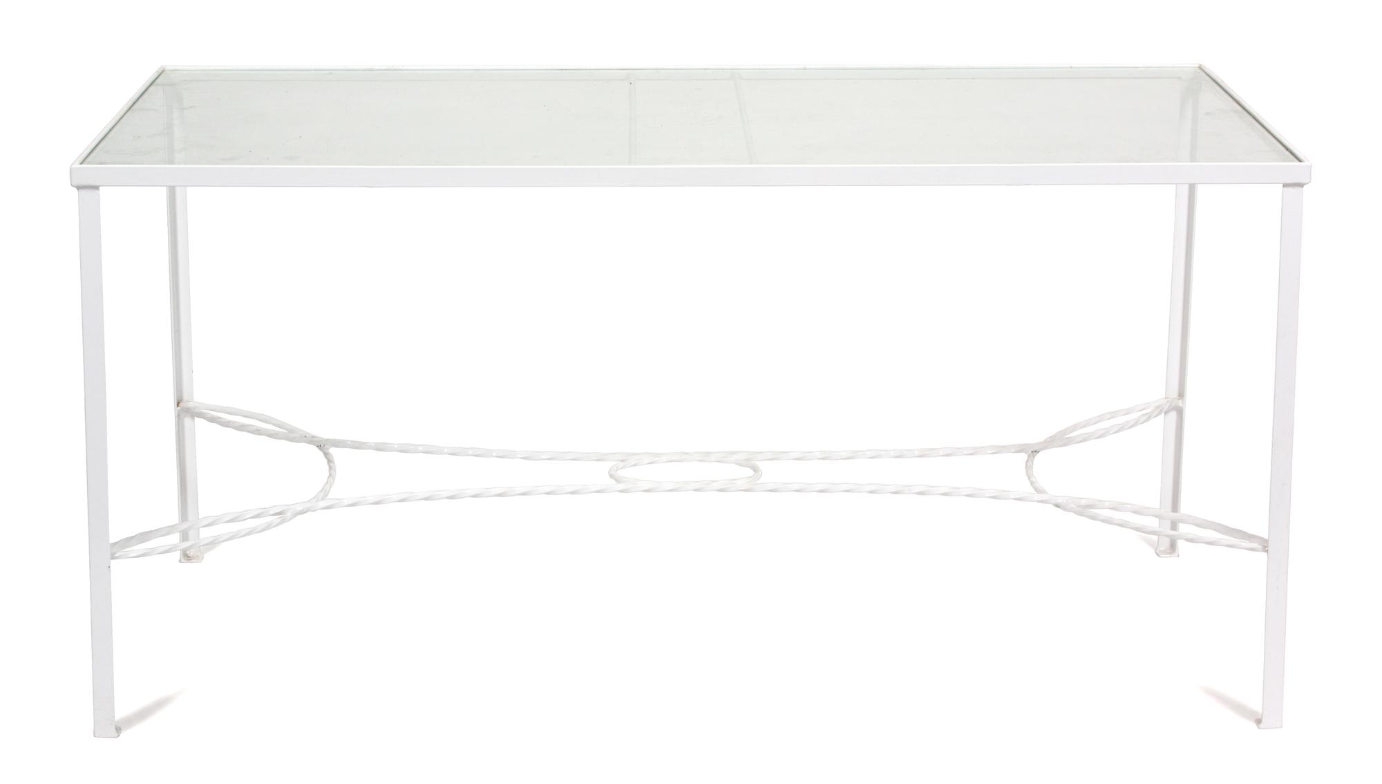 A Group of White Painted Iron Garden Furniture Dining table height 29 x length 60 x width 32 inches. — 20TH CENTURY