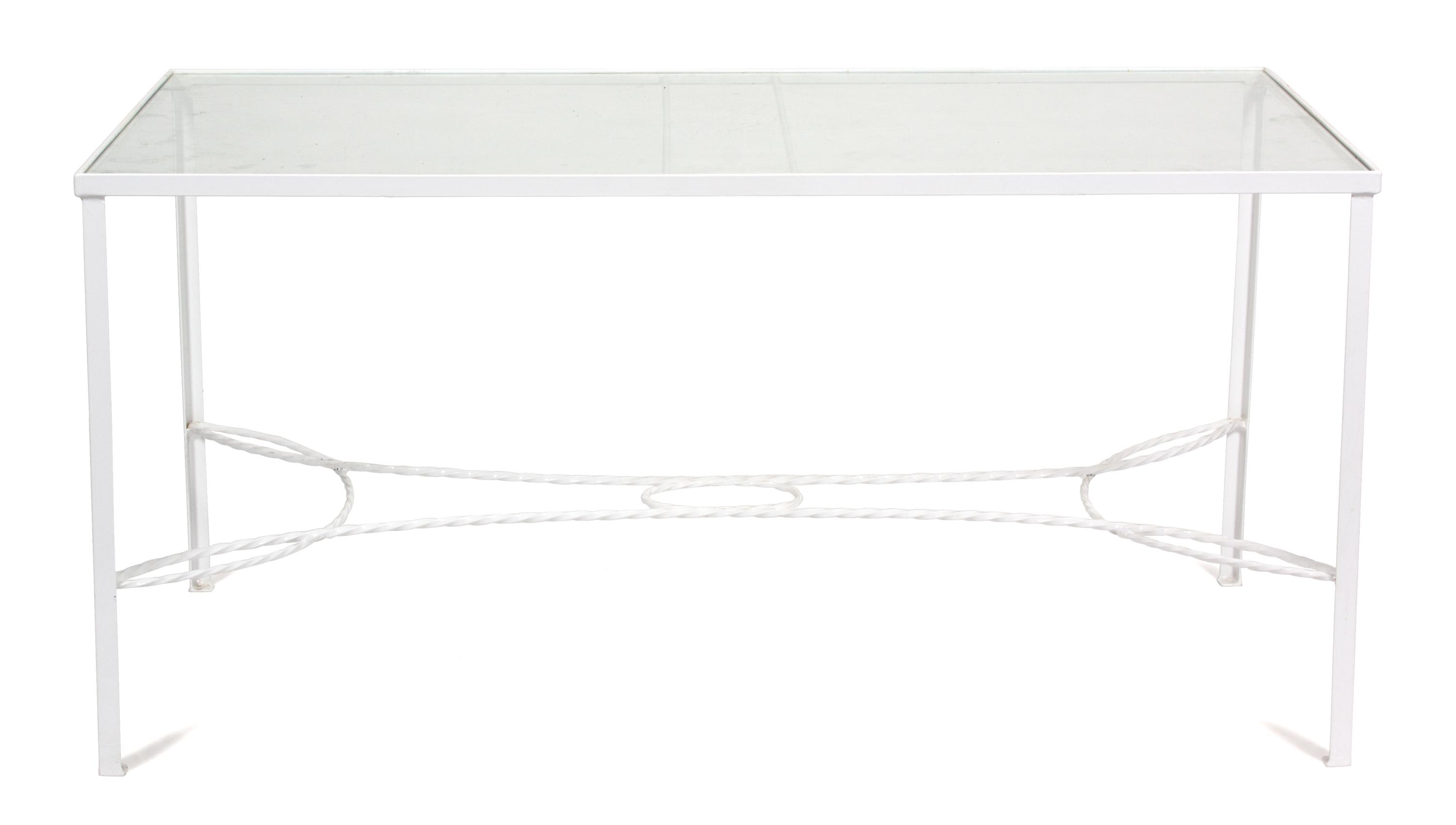 A Group of White Painted Iron Garden Furniture Dining table height 29 x length 60 x width 32 inches. — 20TH CENTURY