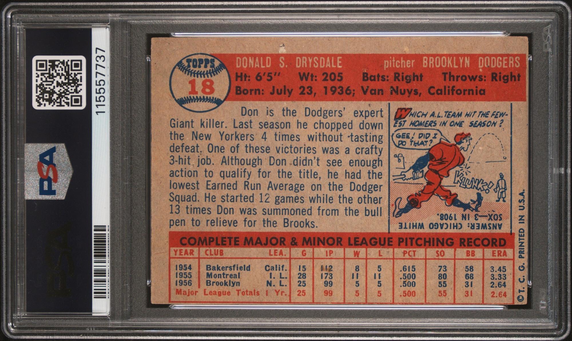 A 1957 Topps Don Drysdale Rookie Baseball Card No. 18 (PSA 4 VG-EX) from The Collection of David Eisenhower