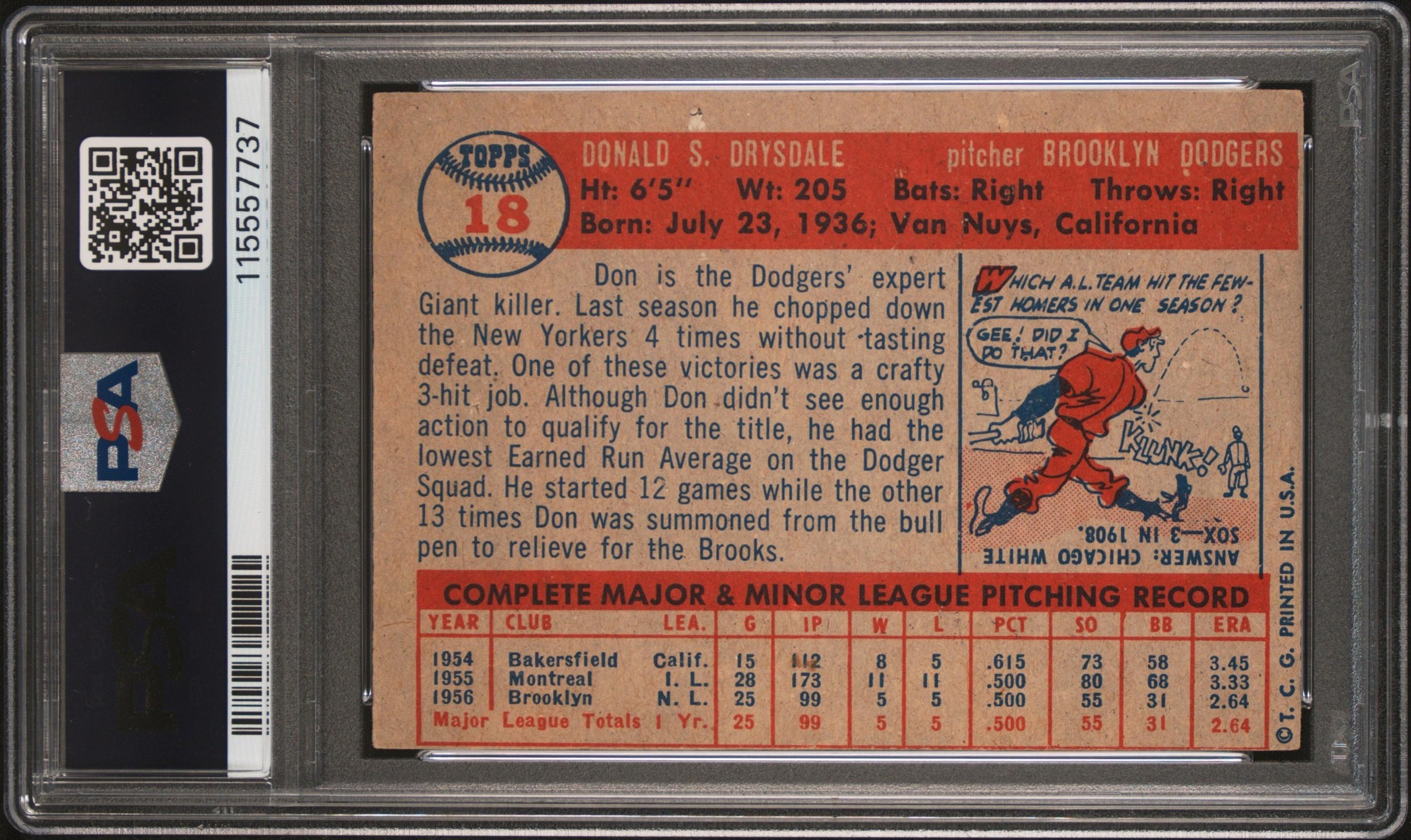 A 1957 Topps Don Drysdale Rookie Baseball Card No. 18 (PSA 4 VG-EX) from The Collection of David Eisenhower