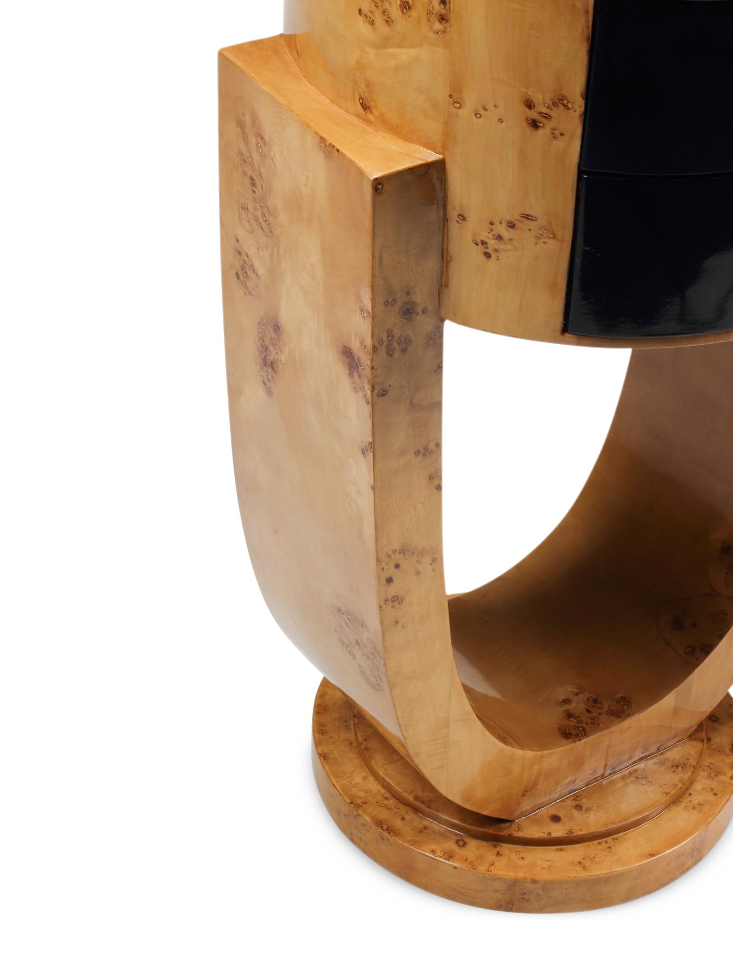 A Pair of Art Deco Style Part-Ebonized Burl Walnut Bedside Tables