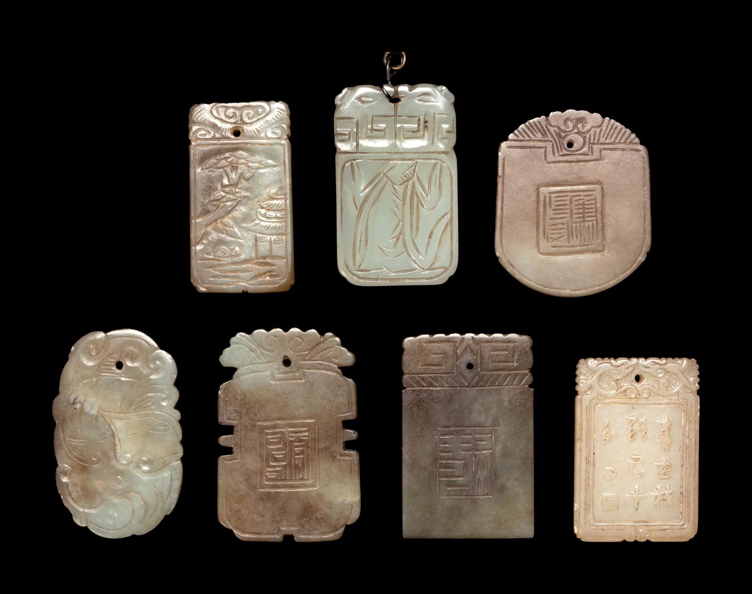 Seven Chinese Celadon Jade Carved Plaques