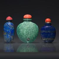 Three Chinese Hardstone Snuff Bottles, Qing Dynasty, 18th to 19th Century — 清中期 青金石及綠松石鼻煙壺三支