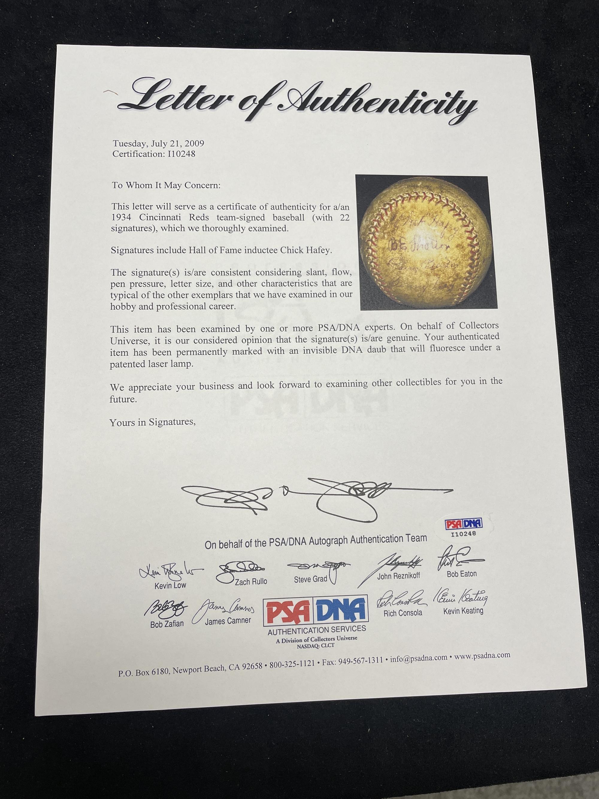 A 1934 Cincinnati Reds Team Signed Autograph Baseball Featuring Chick Hafey (PSA Letter of Authenticity),