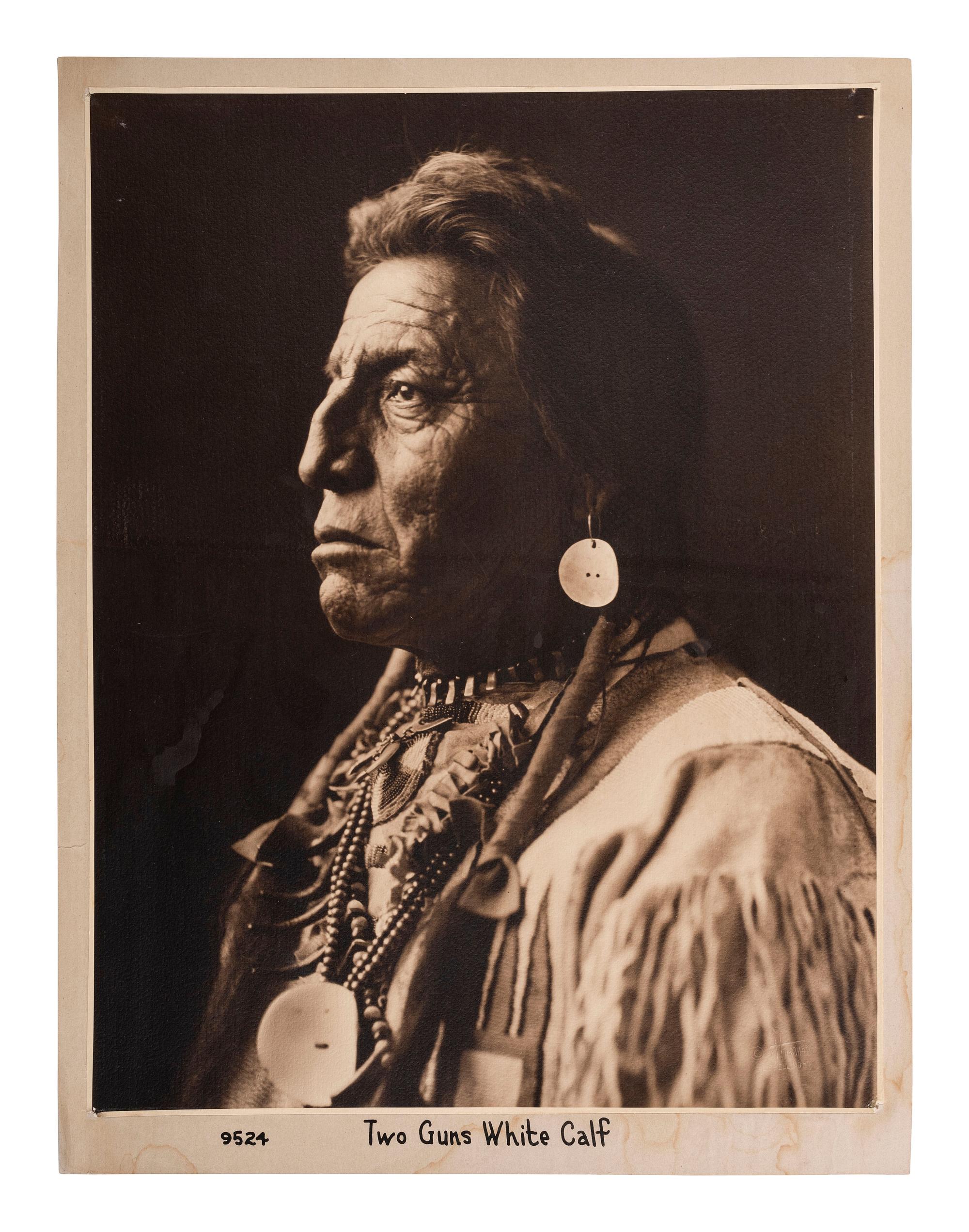 [NATIVE AMERICANS]. HILEMAN, Tomar J. (1882-1945), photographer. Two Guns White Calf . [Kalispell, Montana, ca 1911]. Photograph originally displayed at Hileman's studio.