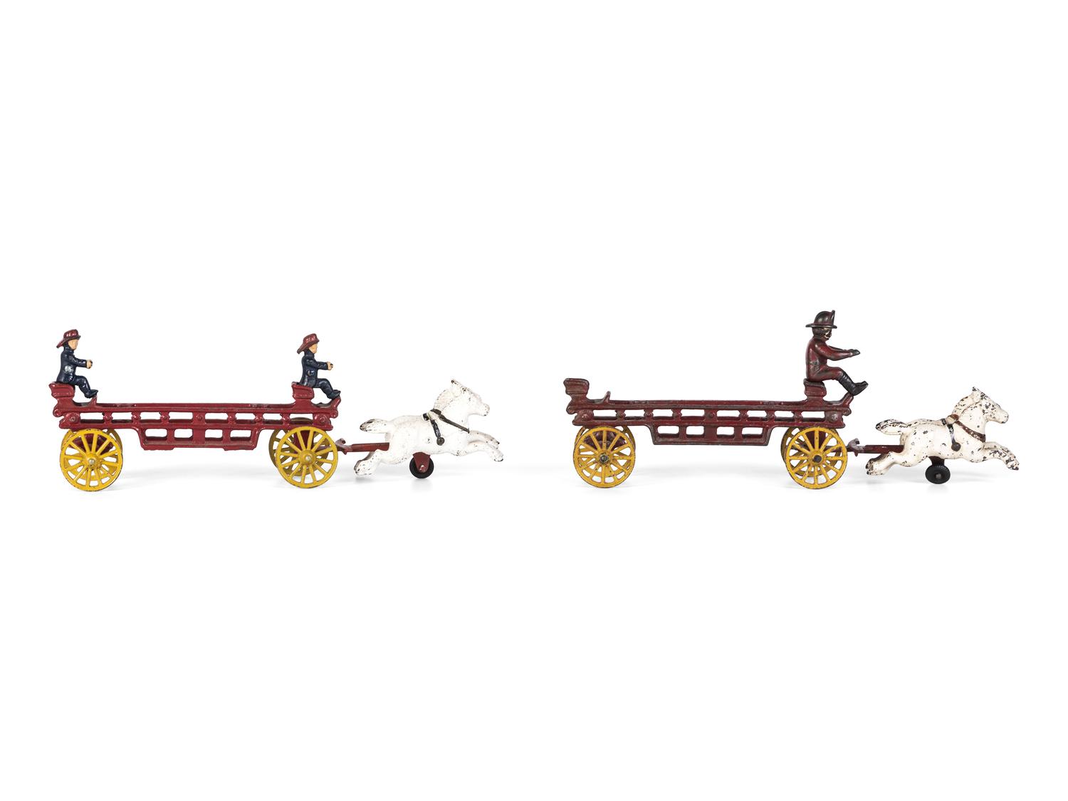 Three Painted Cast Iron Toy Horse Drawn Fire Wagons