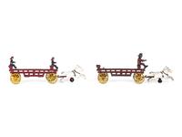 Three Painted Cast Iron Toy Horse Drawn Fire Wagons