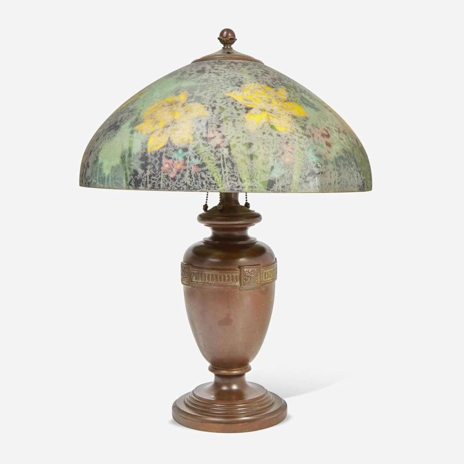 Handel Lamp Company (American, active 1888-1936) Table Lamp with Reverse-Painted Shade, Meriden, Connecticut, USA, 1920s