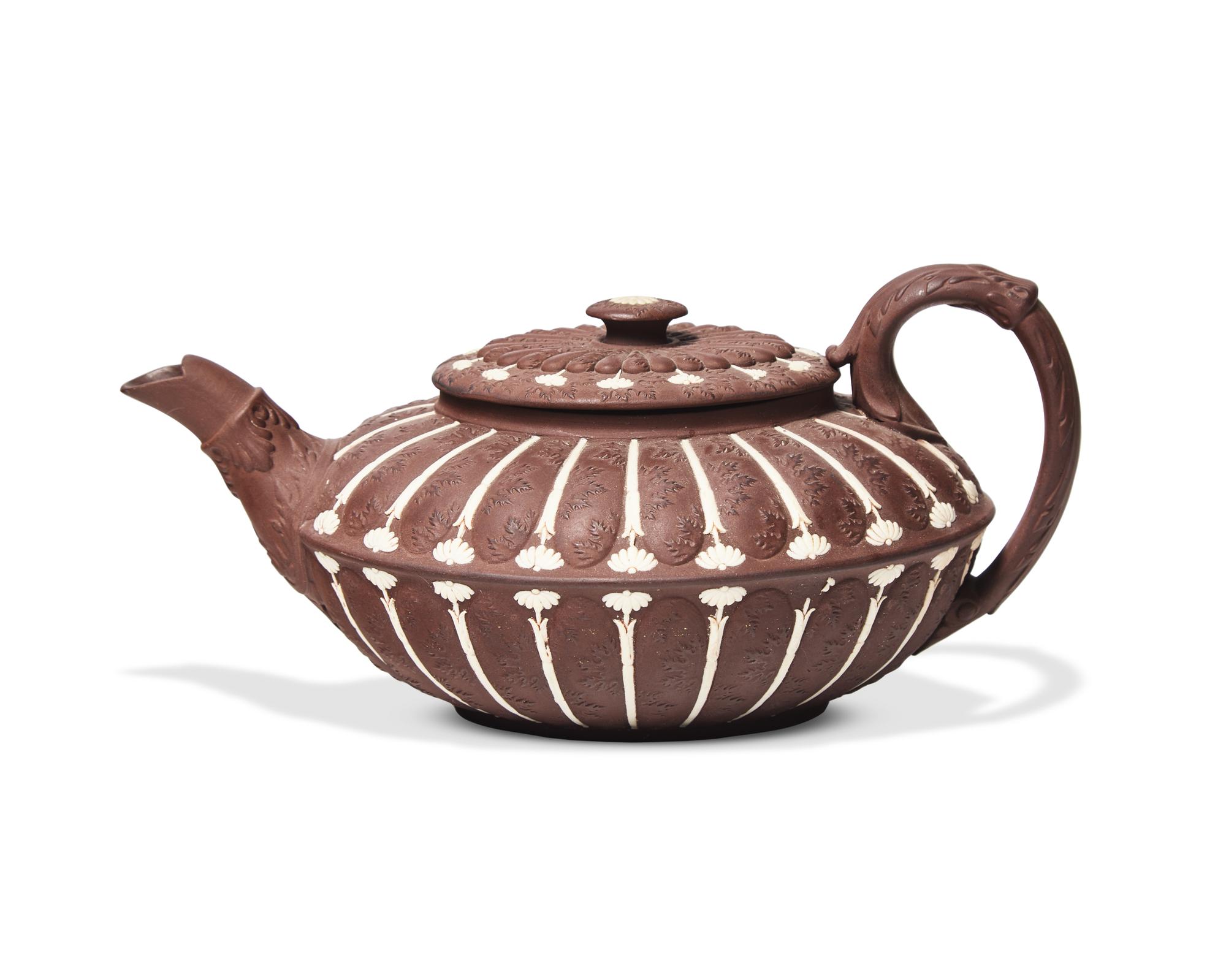 A Wedgwood Brown Jasperware Lobed Teapot