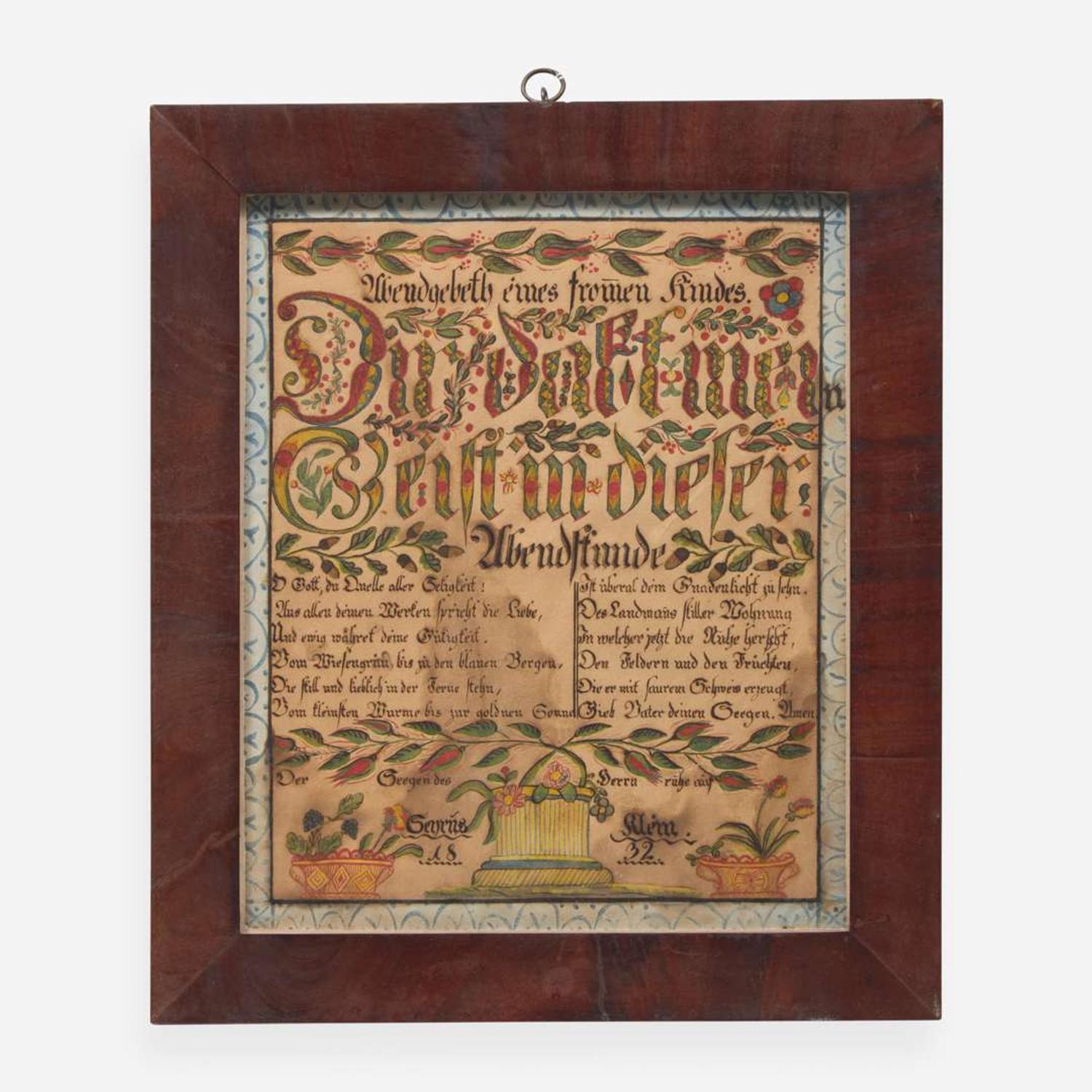 After Heinrich Englehardt (active, 1819-1836) A Fraktur: Evening Prayer for Cyrus Klein, dated "1832"