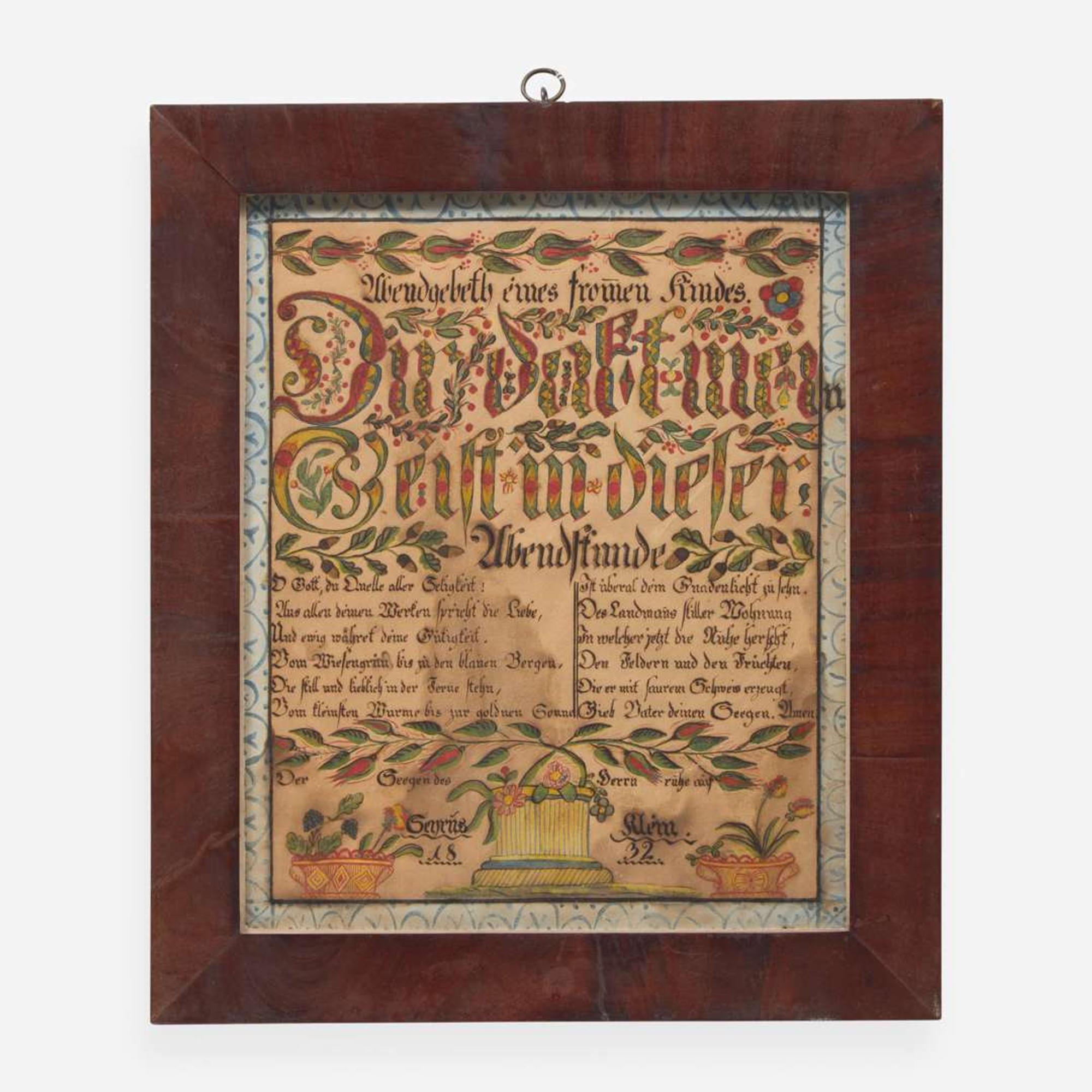 After Heinrich Englehardt (active, 1819-1836) A Fraktur: Evening Prayer for Cyrus Klein, dated "1832"