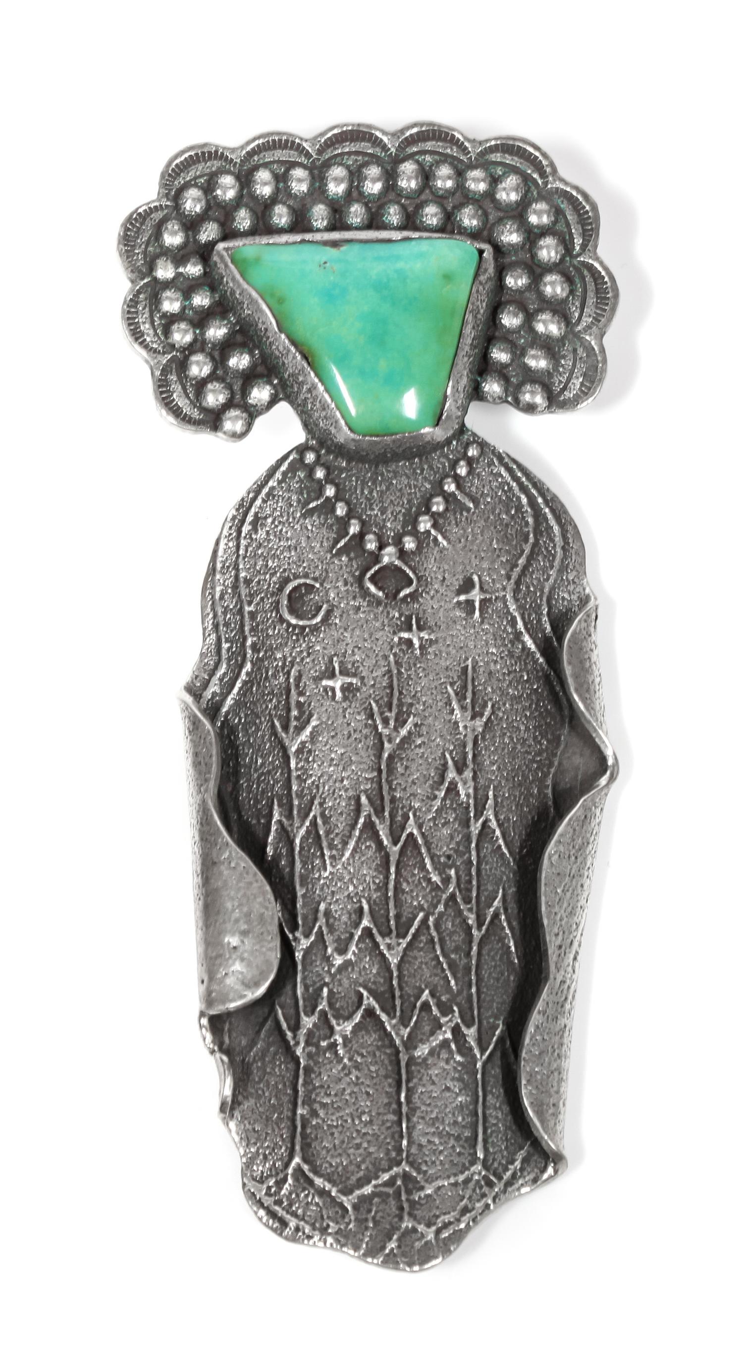 Kewa Silver and Turquoise Figural Pendant/ Brooch, Anthony Lovato (b. 1958) Height 4 1/2 inches