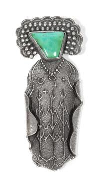Kewa Silver and Turquoise Figural Pendant/ Brooch, Anthony Lovato (b. 1958) Height 4 1/2 inches