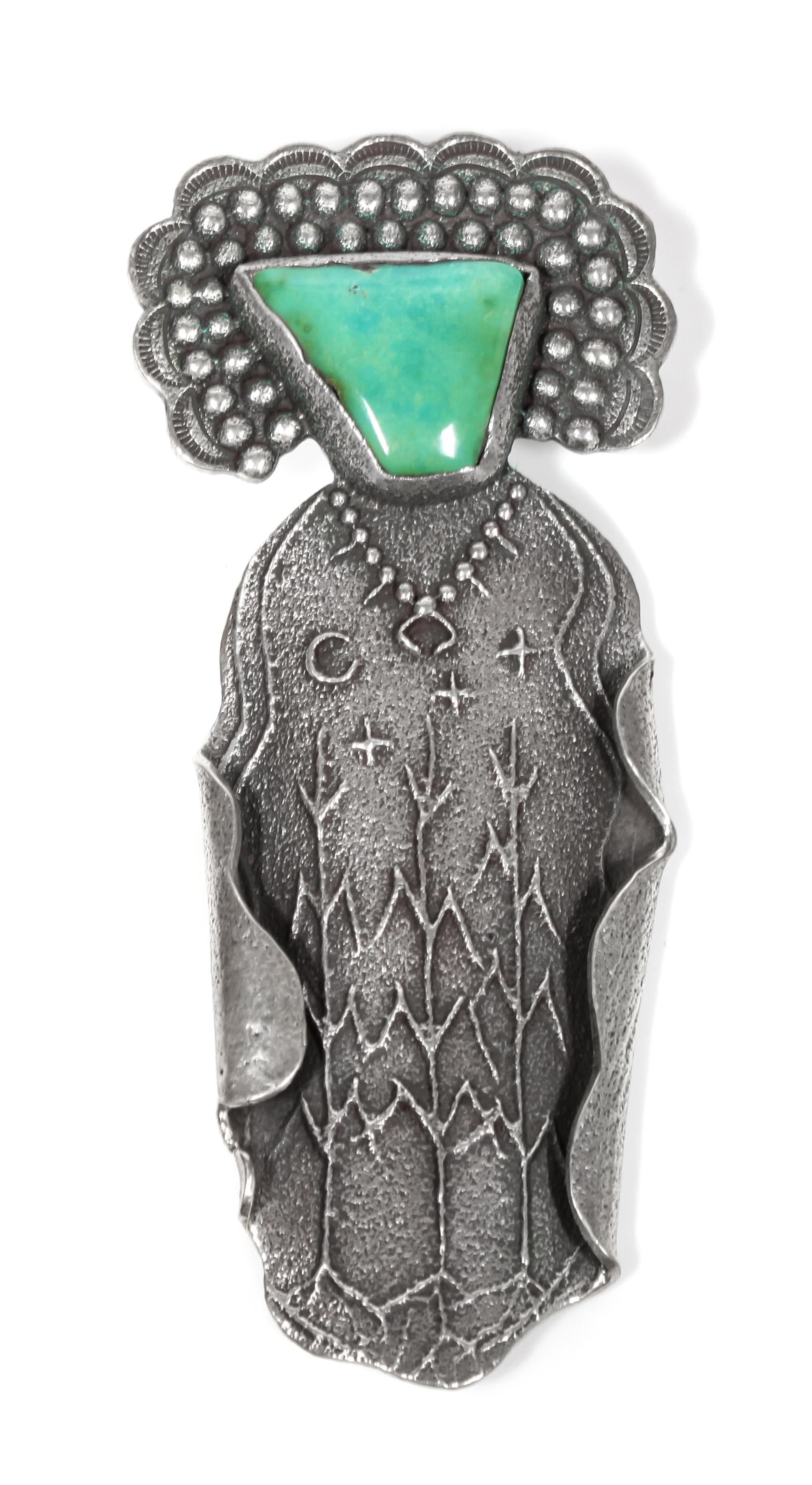 Kewa Silver and Turquoise Figural Pendant/ Brooch, Anthony Lovato (b. 1958) Height 4 1/2 inches