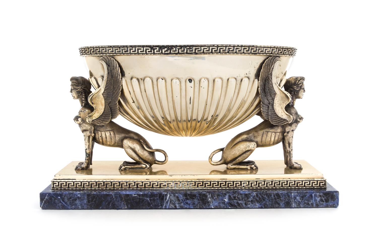 A Italian Neoclassical Silver and Lapis Lazuli Centerpiece Bowl, Johannes S.R.L., Milan, 20TH CENTURY, the reeded bowl of oval form wit