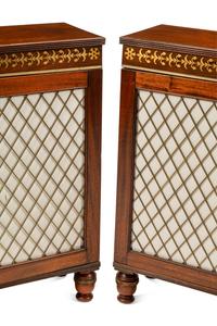 A Pair of Regency Style Brass Inlaid Mahogany Cabinets