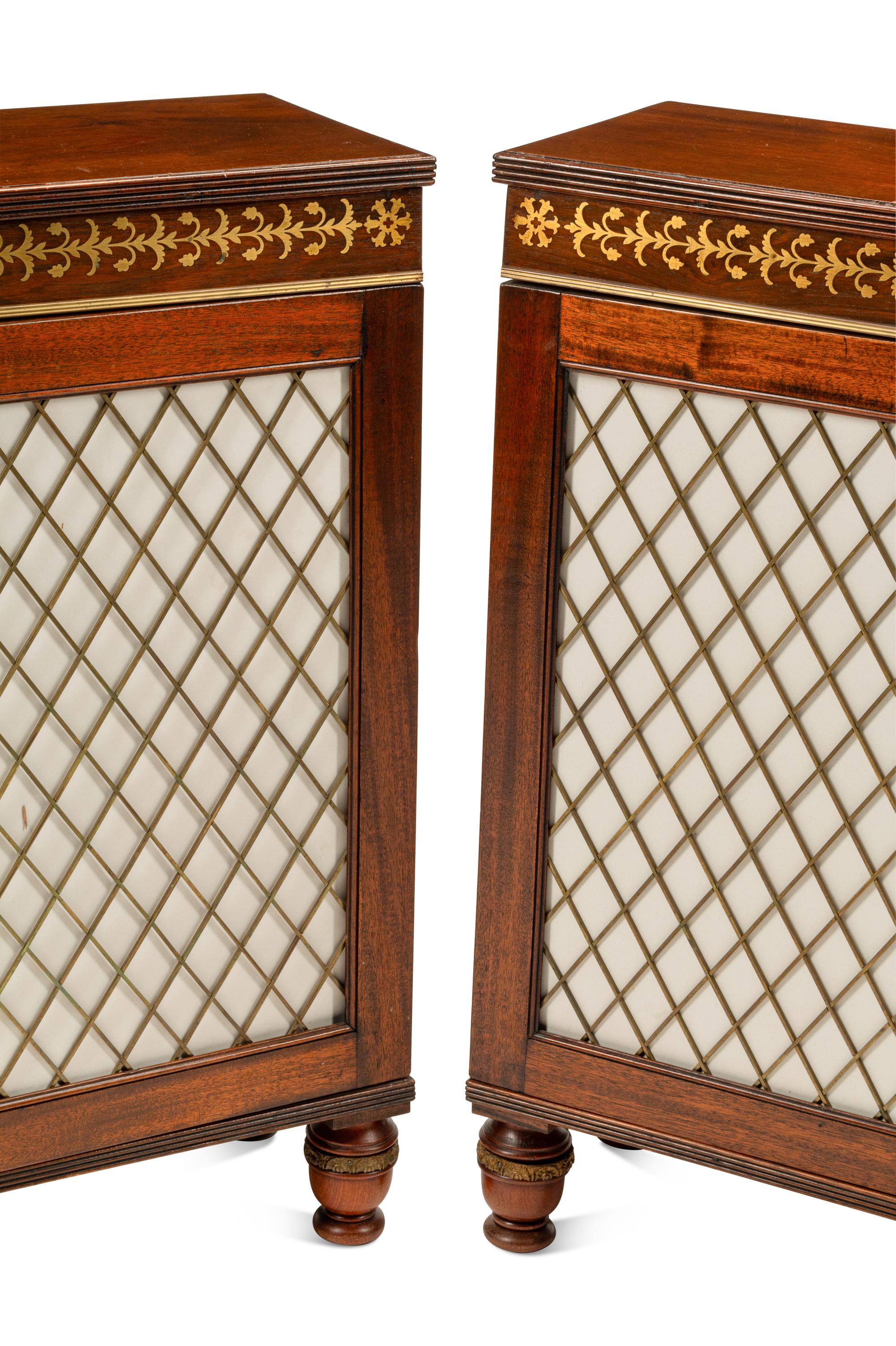 A Pair of Regency Style Brass Inlaid Mahogany Cabinets