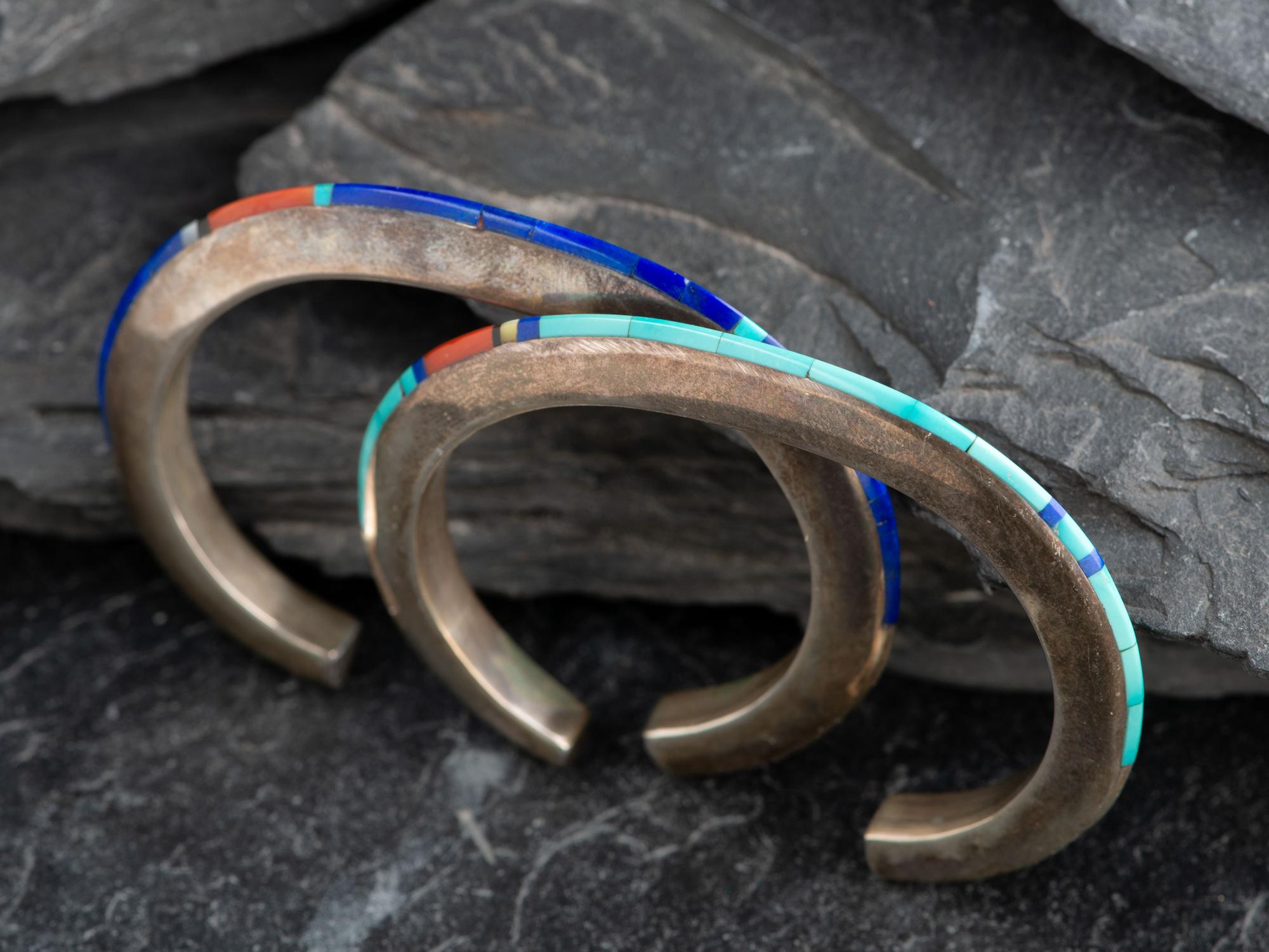 Pair of Slender Sterling Silver Cuff Bracelets, with Inlay