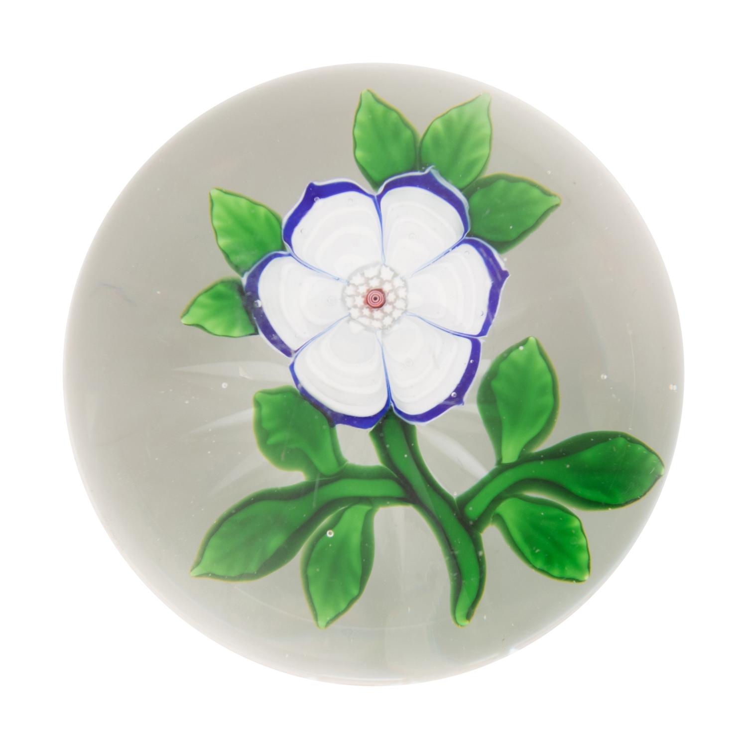 A Baccarat Blue and White Anemone Glass Paperweight